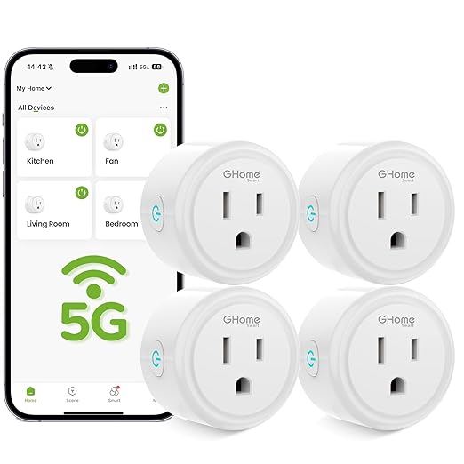 GHome Smart 5G 15A Smart Plug Work with Alexa and Google Home, WiFi Smart Plugs Smart Home WiFi Outlet with Remote Control & Timer, 5GHz and 2.4GHz Wi-Fi Compatible, ETL FCC Listed, White, 4 Pack
