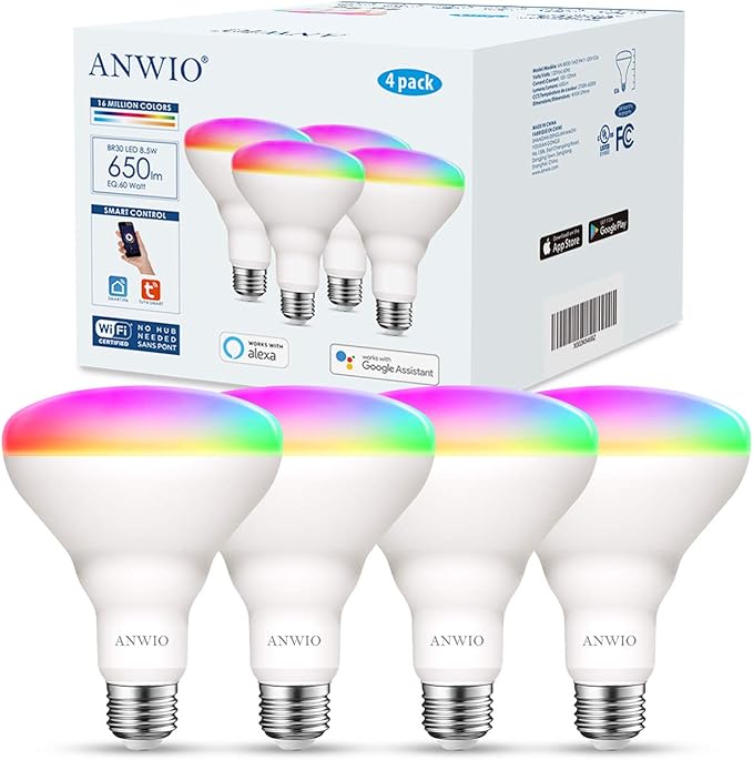 ANWIO Smart Light Bulb BR30 RGB Color Changing LED WiFi Dimmable Multicolor Light Bulbs E26 Base, Compatible with Alexa, Google Assistant, No Hub Required, 650 Lumen 8.5W (60W Equivalent) 4 Pack