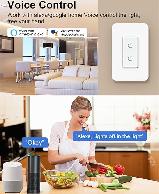 Nexete Smart Dual Light Switch, 2 in 1 Single Pole Double, Remote Voice Control Smart Life App Compatible With Alexa Google Assistant, 2.4GHz Wi-Fi Neutral Wire Required, White (2-Pack)