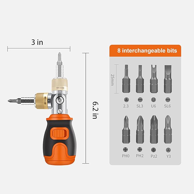 8-in-1 Magnetic Ratcheting Screwdriver Set with Phillips/Torx/Hex/Square Heads - 180° Pivoting Angle, Compact Electrician & DIY Hand Tool Kit Small Mini Set (Orange)