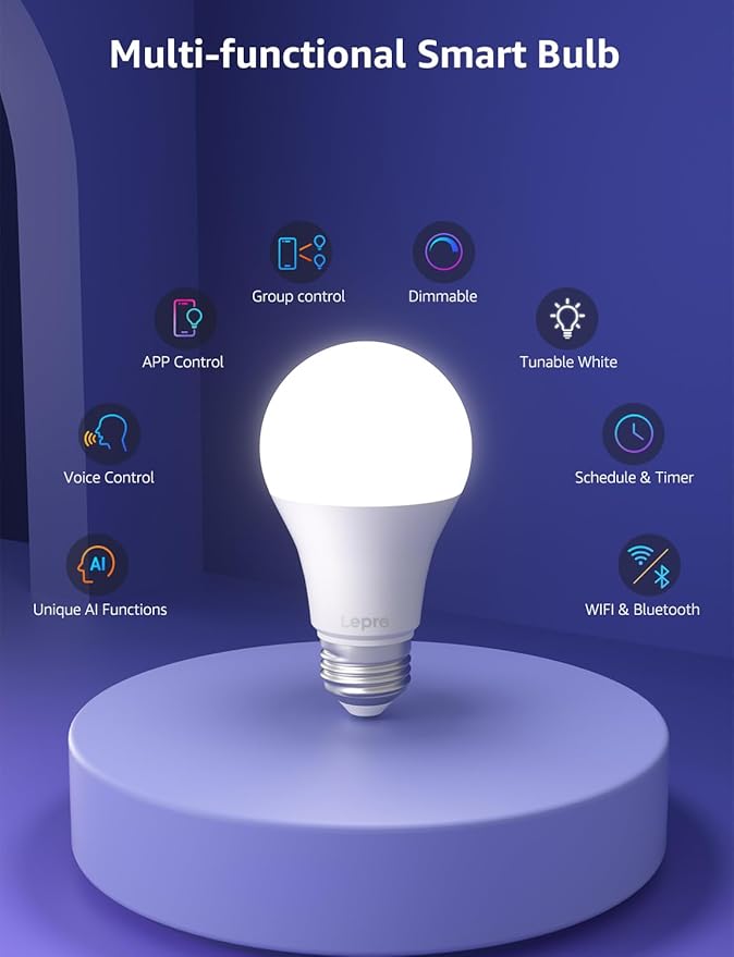Lepro B1 AI Smart Light Bulbs - WiFi & Bluetooth RGBWW Color Changing LED Bulb Compatible with Alexa & Google Assistant, AI Generated Lighting LLM, AI Voice Control, Music Sync, 2.4GHz Only, 4 Pack