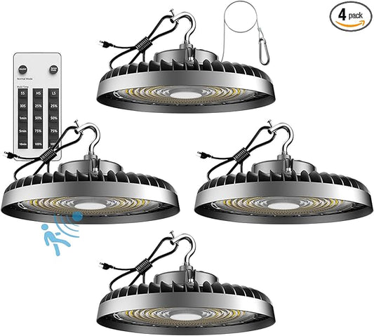 250W High Bay LED Shop Lights 37500lm UFO LED Lights AC100-277V UFO High Bay Light with Smart Control Supports Normal Mode & Motion Sensor Mode(Energy Saving)-4Pack