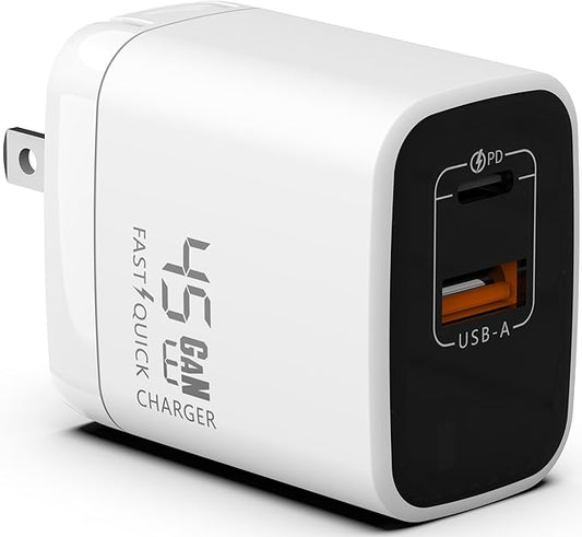 Fast 45W Dual USB-C Plus USB-A Charger - GaN Power Delivery - Fast Compact Power Adapter for Laptops, Smart Phones, Tablets and Thousands of Other Devices (White, 45W)