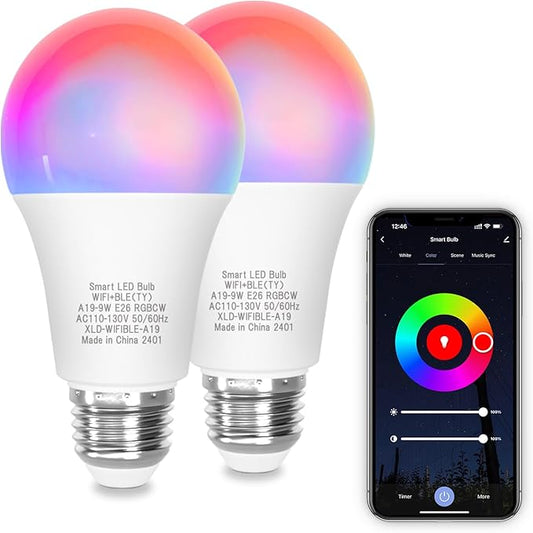 ORALUCE Smart Light Bulb Compatible with Alexa & Google Home, A19 E26 LED Light Bulb 60W Equivalent, 2.4GHz WiFi & Bluetooth Color Changing APP Dimmable, Multicolor LED Bulb 900 Lumens,2P