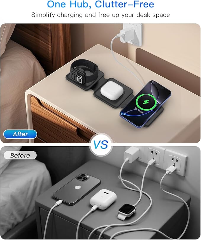 Magnetic Wireless Charger for iPhone: Fodable 3 in 1 Charging Station for Multiple Apple Devices - Travel Charging Pad Dock for Apple Watch iPhone 16 15 14 13 12 Pro Max Plus & Airpod