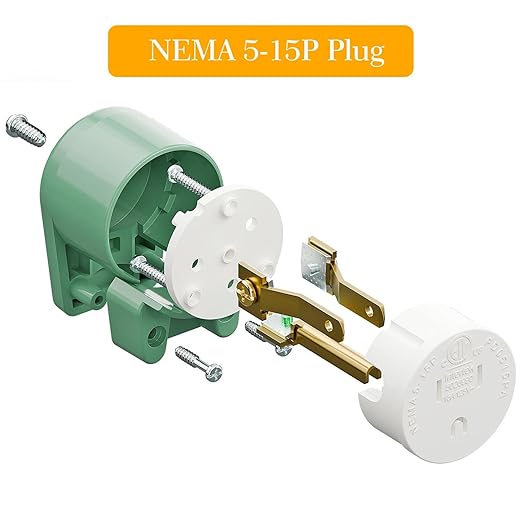 (2 Pack) 90 Degree USA Canada Male Plug Nema 5-15P 3 Pole Angle DIY Plug, 15A 125V USA 3Pin Right Angle AC Plug, Nema 5-15P Angled Rewireable AC Plug,12 Direction Male US 3Pole AC Connector, Green