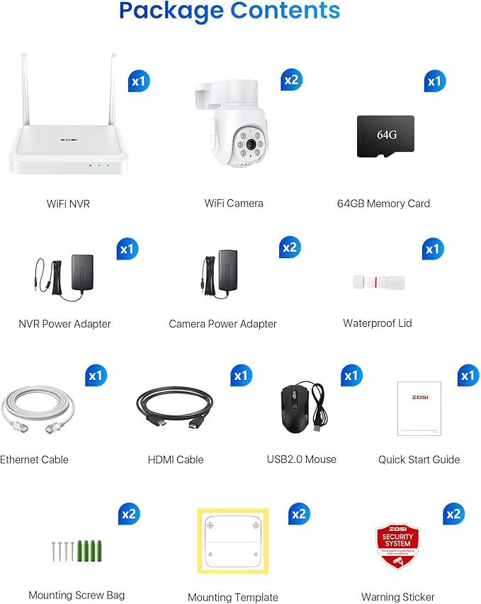 ZOSI 8 Channel 3K Wi-Fi 6 Security Camera System with 64G Memory Card for 24/7 Record, 2 x 5MP Pan Tilt WiFi Camera with Auto Tracking, Color Night Vision, Plug-in, AI Person Detect, 2-Way Audio