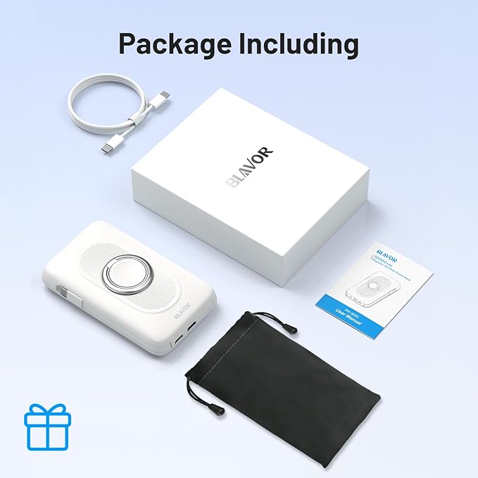 BLAVOR for Magsafe Portable Charger with Built-in Cables, 20W Fast Charging, 10000mAh Magnetic Wireless Power Bank, Battery Pack with Stand for iPhone 16/15/14/13/12, Powerbank for Apple Watch(White)