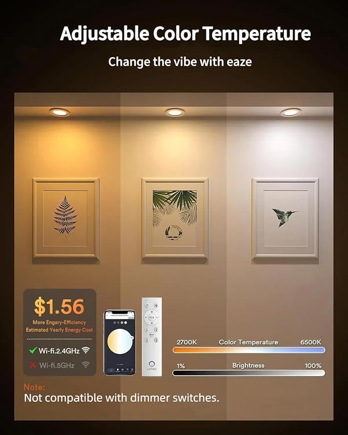Lumary Smart Recessed Lighting 4 Inch with Remote, Work with Alexa/Google, Canless WiFi Led Wafer Recessed Lights, RGBWW Ceiling Downlight with J-Box and Metal Anti-Glare Baffle Trim, 4PACK