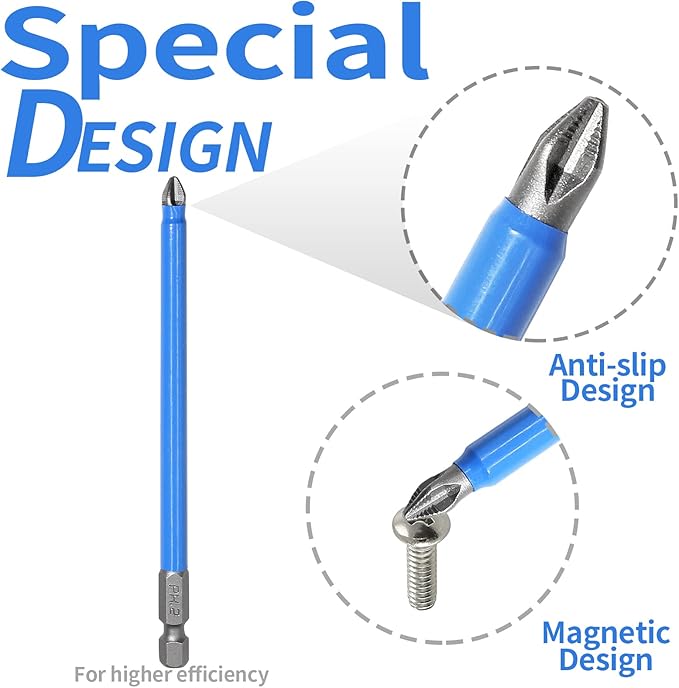 10 Pcs Magnetic Phillips Screwdriver Bit Set 5 inch Long, PH2 Phillips Bits Set, Non-Slip Cross Head Electric Screwdriver Bits Set 1/4" Hex Shank (PH2, 127mm)