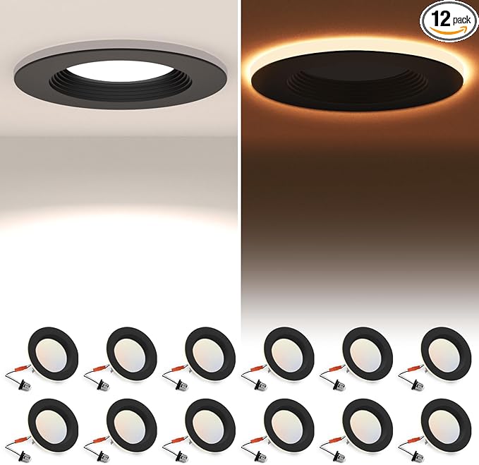 12 Pack 4 Inch Black LED Can Lights with Night Light, 5CCT Retrofit Recessed Lighting Selectable 2700K-6000K Dimmable, 9W=55W, 630LM Downlight with Metal Smooth Trim - ETL and Energy Star