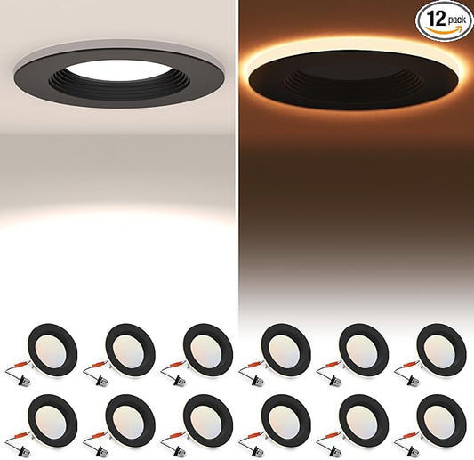 12 Pack 4 Inch Black LED Can Lights with Night Light, 5CCT Retrofit Recessed Lighting Selectable 2700K-6000K Dimmable, 9W=55W, 630LM Downlight with Metal Smooth Trim - ETL and Energy Star