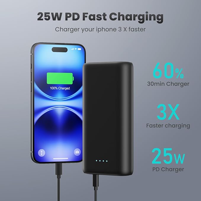 Upgraded Portable Charger 40800mAh Power Bank - Portable Battery with 2 Built in Cables,PD 25W USB C Fast Charging Battery Pack Compatible with iPhone 16 15 14 13 Android Phone etc-Black