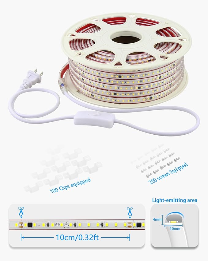 AC 110V-120V LED Strip Lights 100FT Outdoor Waterproof LED Rope Light for Outside Self-Adhesive 6000K Super Bright Cold White Plug in SMD 2835 120LED/M IP67 for Garden Patio Christmas Decor