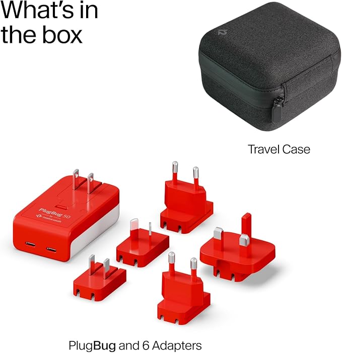 Twelve South PlugBug Travel 50W Charger Block, 2-USB Type C Port Fast Charging for iPhone, iPad, MacBook & More, with Apple Find My Integration, Folding Prongs & Adapters for US, CN, AU, EU, UK, KR