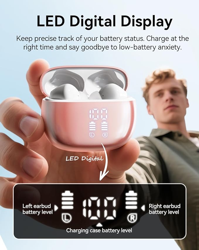 Wireless Earbuds, Bluetooth Ear Buds Headphones with LED Charging Case, Deep Bass Stereo Sound, 40 Hours Playtime, IP7, Lightweight in-Ear Earphones for iPhone Android Sports Workout