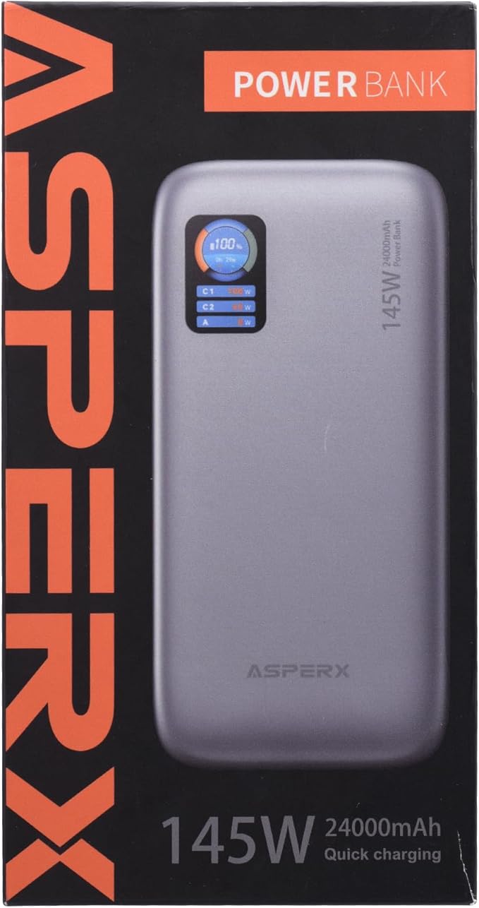 AsperX Laptop Portable Charger, 24,000mAh 145W Power Bank, TFT Smart Display, USB C PD 3.1 Fast Charging Travel Battery Pack (86.4Wh) for MacBook, iPhone 17/16,Dell XPS, Steam Deck(Flight-Approved)