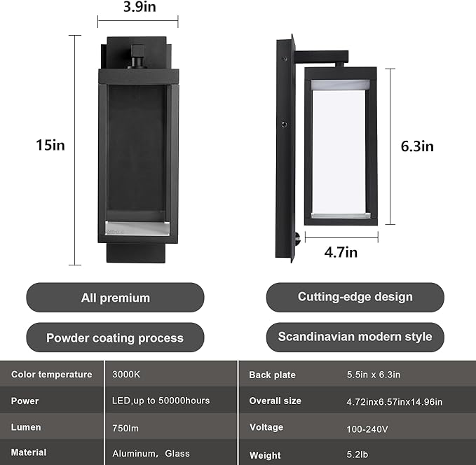 Motion Sensor Outdoor Wall Light LED Wall Sconce Black Mount Waterproof Exterior Light Fixture Aluminum Porch Lamps for Patio Entryway Doorway Fence Garage, 750LM 3000K