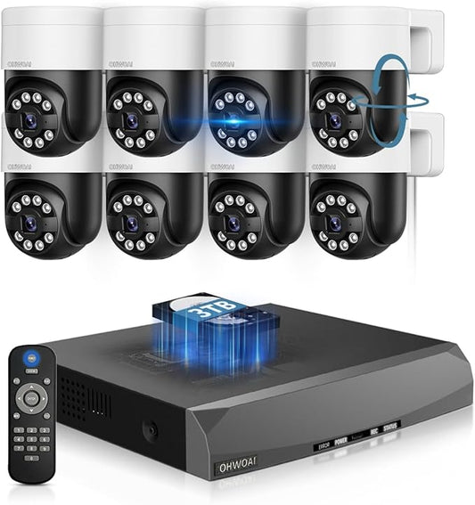 《2-Way Audio & Auto-Tracking》4K Outdoor Wired Security Camera System,360 Degrees Security PTZ IP Cameras,Surveillance Video Equipment, Surveillance DVR Kits