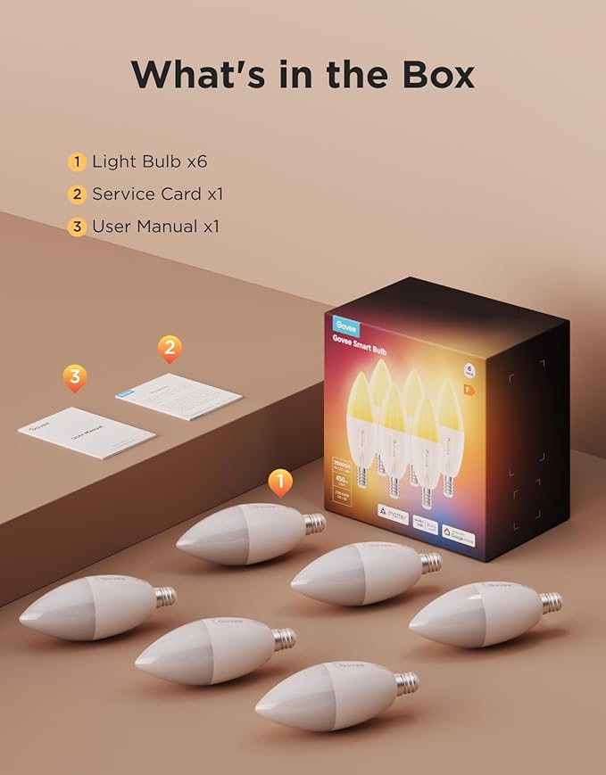 Govee E12 Led Bulb, Smart Light Bulbs Work with Matter, Alexa, Google Assistant, WiFi Candelabra Bulbs 40 Watt Equivalent, RGBWW Color Changing Light Bulb, 2.4Ghz Only, 450 LM, 6 Pack