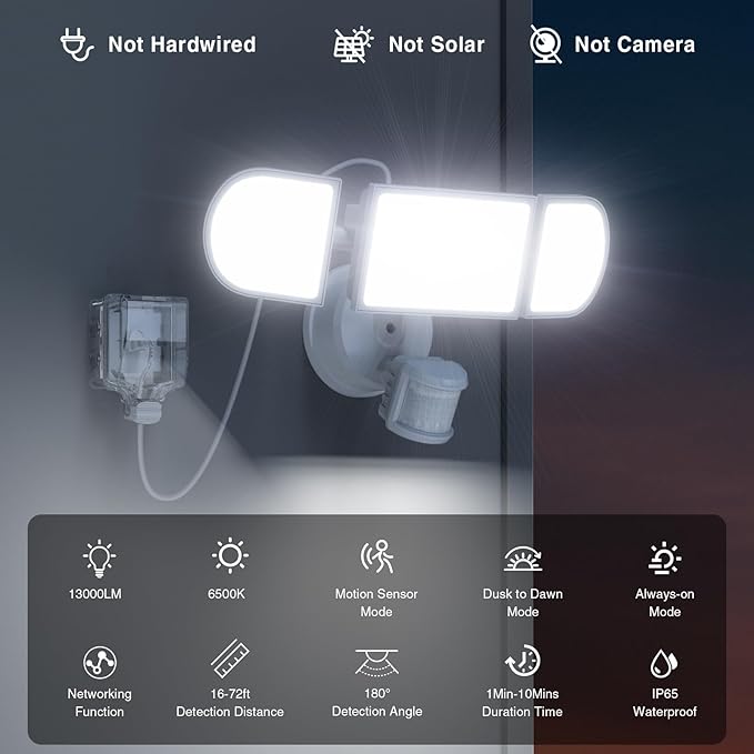130W Motion Sensor Light Outdoor Plug in, 13000LM LED Security Lights with Remote Control, 3 Adjustable Heads, 3 Modes, Plug in Flood Lights Outodoor IP65 Waterproof for Garage Yard (White)
