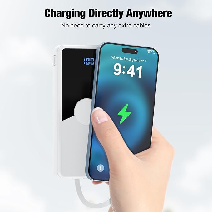 Portable Charger with Built in Cables,High Speed Power Bank 10000mAh Travel Battery Pack 5 Outputs 3 Inputs Portable Phone Charger Backup Battery for iPhone, Samsung, iPad,Tablets (White)
