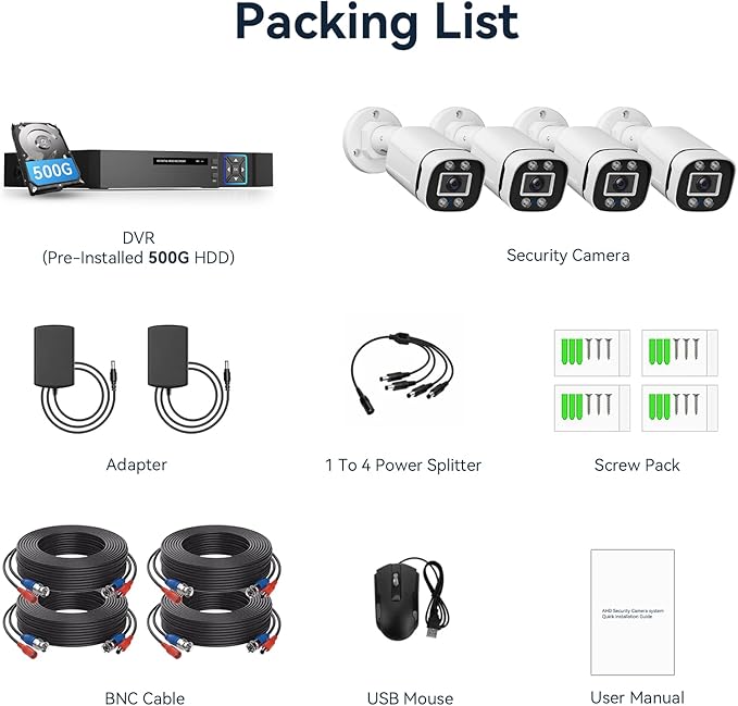 Wired Security Camera System Outdoor, 4 Channel 5MP Lite AHD TVI DVR Recorder with 500G HDD, 4pcs Wired Surveillance CCTV Bullet Camera Indoor Outdoor, Smart Motion Detection, Night Vision