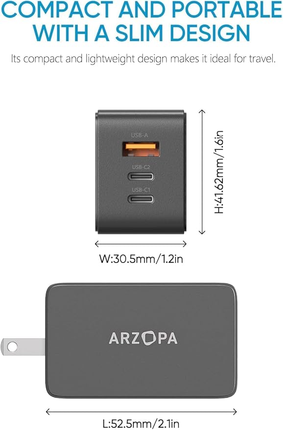 65W USB C Charger Block, ARZOPA GaN Fast Charger USB C Wall Charger PPS 3-Port Foldable Plug for MacBook Pro/Air, iPad Pro, iPhone 15/Pro, Galaxy S24 Ultra, Dell XPS 13, Pixel, Monitor
