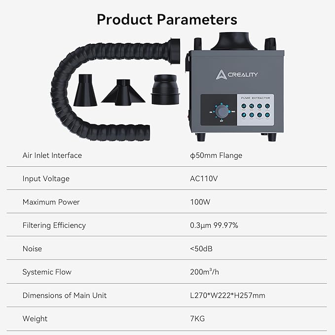 Creality Smoke Purifier with Extraction Tube, 3-Stage Filtration, 99.97% Purification Rate, Low Noise<50dB, 200m³/h, 100W Fume Extractor for Laser Engraver Machine