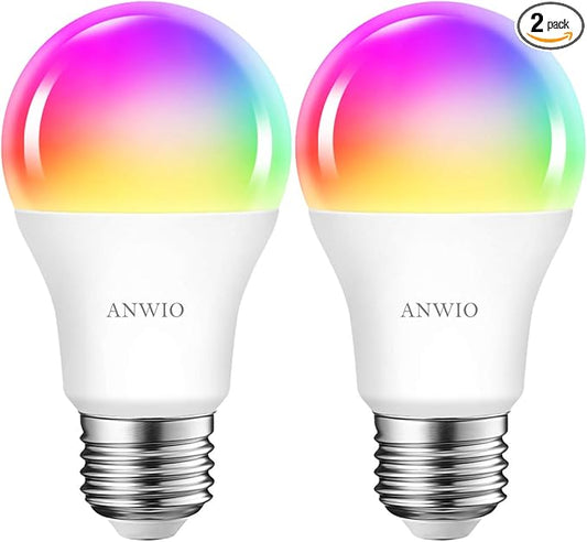 ANWIO 2-Pack Smart Light Bulbs 8.5W (60W Replacement) A19 E26 LED Bulb Work with Alexa, Google Assistant, Smart Life App, Tuya App, Color Changing, No Hub Required