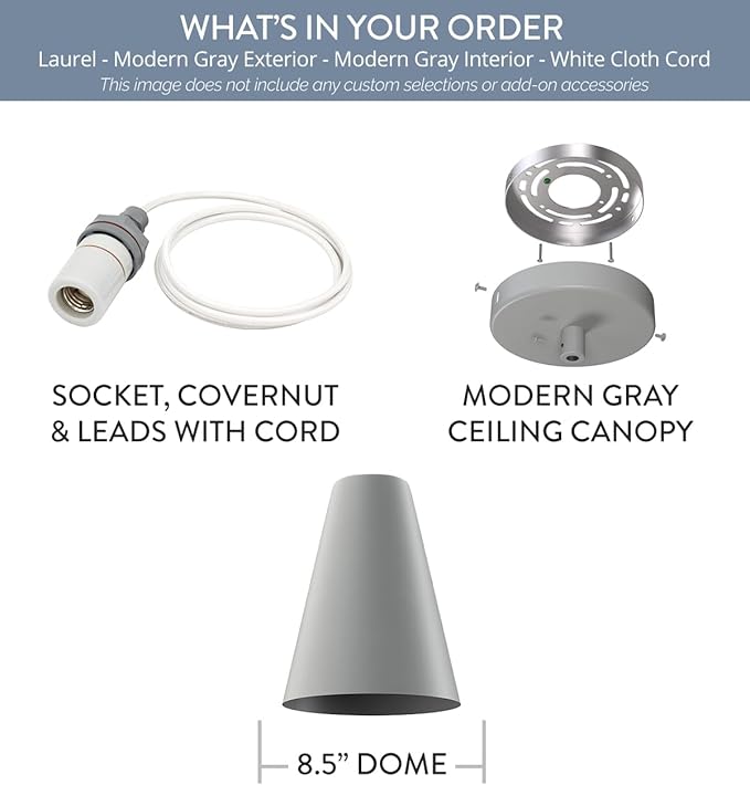 Steel Lighting Co. Laurel Pendant Light | Ceiling Mounted | 8.5 inch Cone Shade | Modern Contemporary Farmhouse Style Made in America | White Cloth Cord | Modern Gray Exterior/Modern Gray Interior