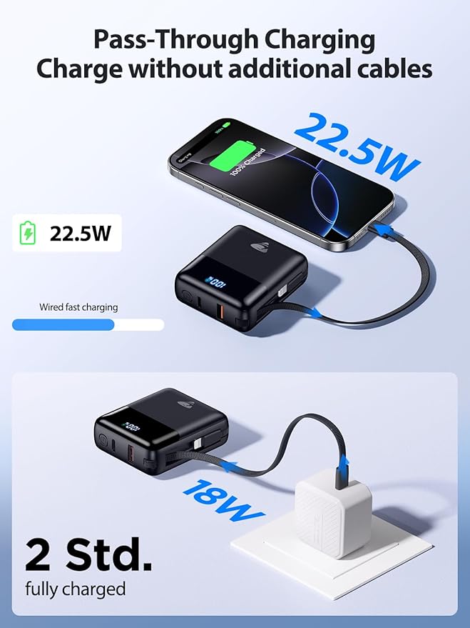 Aioneus Portable Charger 10000mAh, 22.5W Power Bank Fast Charging, Battery Pack with Built-in USBC Cables, Small Portable Charger Power Bank for iPhone 17/16/15/14/13/12, Samsung S25/S24/S23, Android
