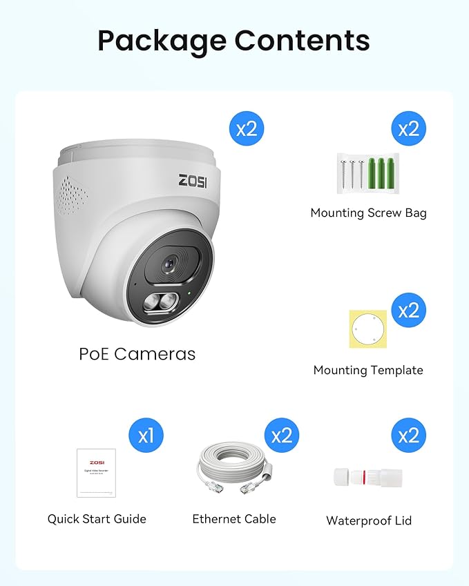 ZOSI C220 4K 8MP Add-On PoE IP Camera Outdoor Indoor, Surveillance Security Camera for Home, AI Person/Face/Vehicle Detection, Two-Way Talk, 100ft IR Night Vision, Only Work with ZOSI PoE NVR, 2Pack