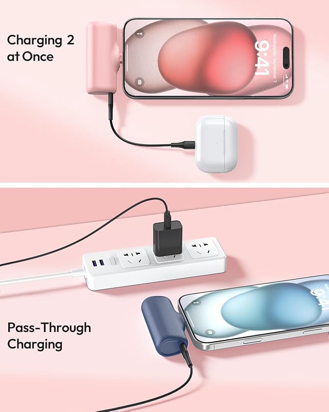 A ADDTOP [2 Pack Mini Portable Charger 5000mah Power Bank, 15W Fast Charging Portable Phone Charger, Ultra-Compact USB C Battery Pack Compatible with iPhone 16/15 Series/Galaxy/Android etc