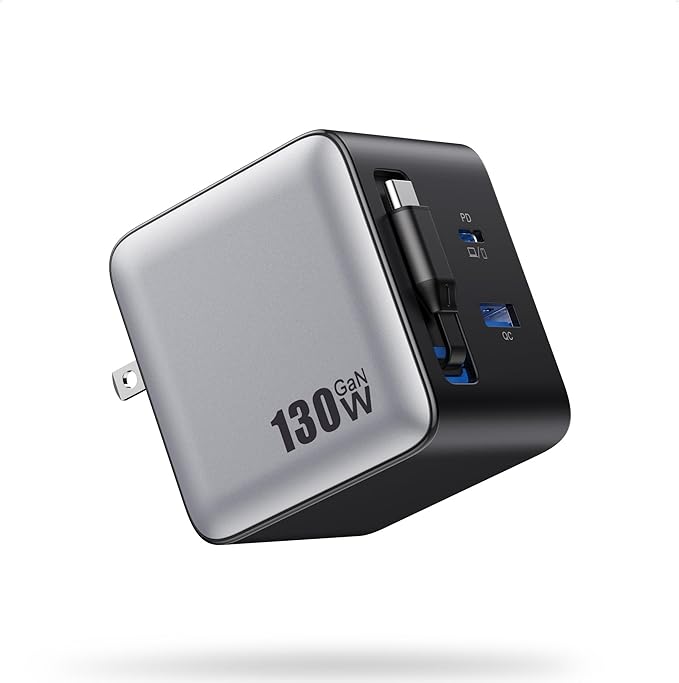 130W USB C Charger Built-in Retractable Cable,Upgraded GaN IV 3 in 1 Fast Charging Station Foldable Plug Wall Charger,PD PPS 65W Laptop Adapter for MacBook Pro/Air,iPad,iPhone 16/Pro,Galaxy S25,Dell