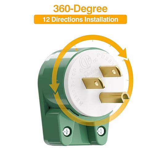 (2 Pack) 90 Degree USA Canada Male Plug Nema 5-15P 3 Pole Angle DIY Plug, 15A 125V USA 3Pin Right Angle AC Plug, Nema 5-15P Angled Rewireable AC Plug,12 Direction Male US 3Pole AC Connector, Green