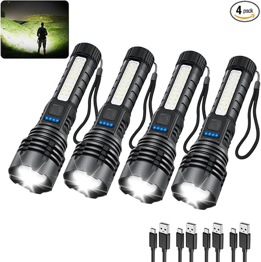 Rechargeable Flashlights High Lumens, 7Mode Flashlights Rechargeable, Super Bright Flashlight, Adjustable Tactical Flashlight, High Powered Flash Light, LED Flashlight for Emergency Home 4Pack
