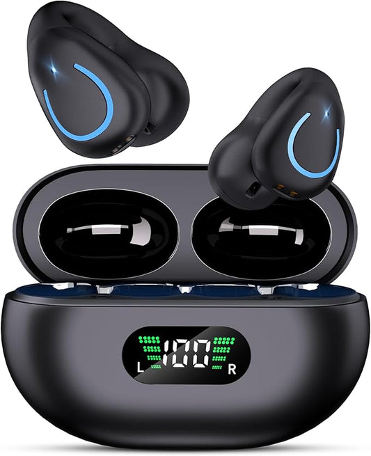 Clip On Earbuds, Wireless Bluetooth 5.3 Lightweight Comfort Bone Conduction Open Ear Headphones with LED Digital Display Charging Case Sport Built-in Mic IPX7 Waterproof for Running Fitness, Black