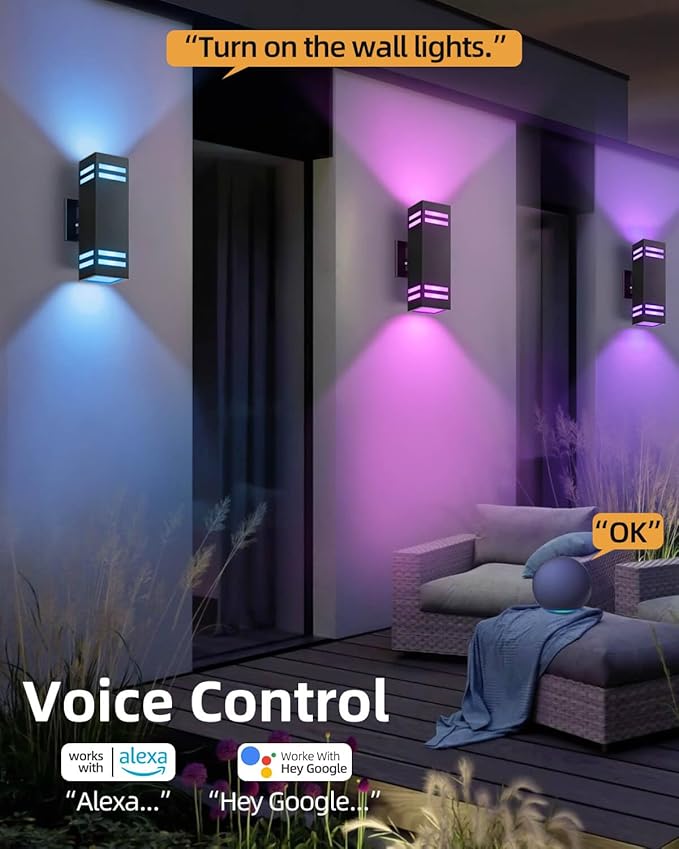 KIZON Smart Outdoor Wall Lights Dusk to Dawn Outdoor Lighting RGB Color Changing 2 Pack, Modern Exterior Lighting Fixtures with Remote Control, Waterproof Ambiance Up and Down Lights