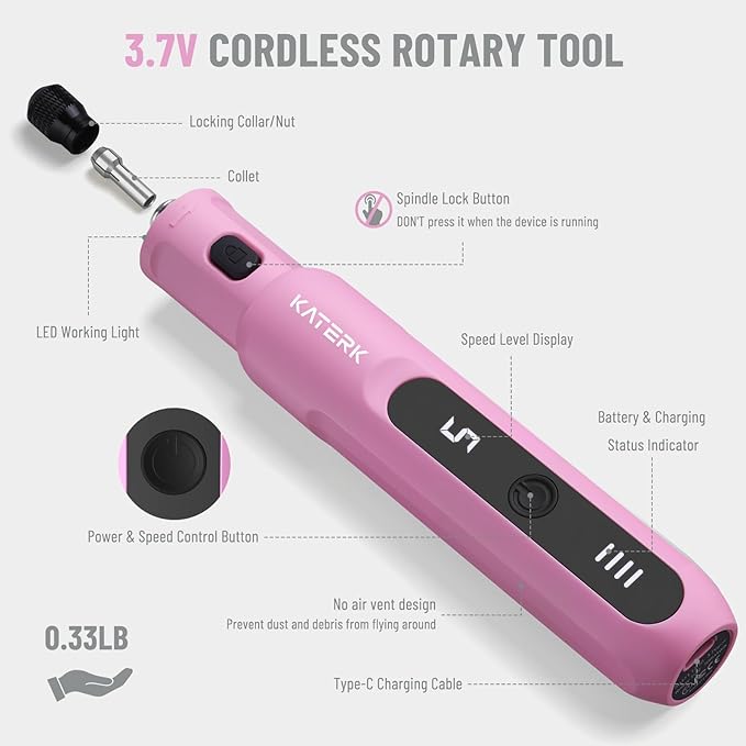 Katerk Cordless Rotary Tool Kit, 3.7V Mini Rotary Tool with 5 Speed and 70PCS Accessories, 20000RPM, USB Charging Multi-Purpose Power Tool for Engraving, Sanding, Drilling, Polishing, Cutting, Pink