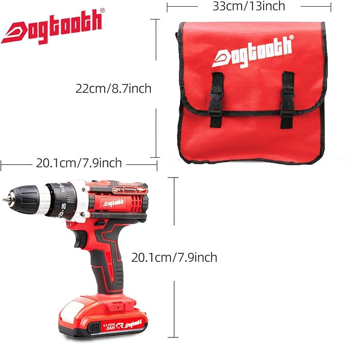 DOGTOOTH 21V MAX Cordless Drill, 1* Battery and Charger, Compatible with Makita 18V Battery, 2 Variable Speed Max 1350 RPM, Build-in LED, 23 Bits, Storage Bag - Red