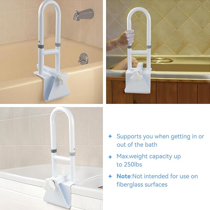 Bathtub Grab Bars for Seniors, Tub Handle Grab Bar for Elderly Bath Support, Bathtub Safety Rail, Assistance Bathtub Handle Clamp for Bathroom, 3.3"- 7" Width Adjustable, White
