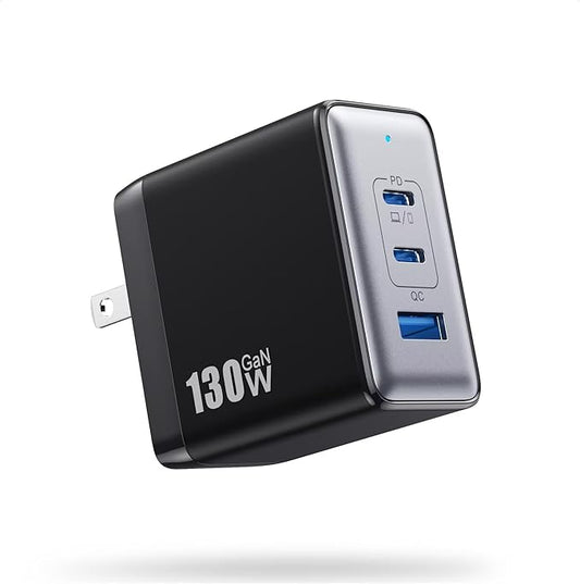 130W USB C Charger Block,3-Port GaN Fast Charger,Compact Foldable Type C Fast Charging Wall Charger,PD QC 65W USB C Laptop Charger for MacBook Pro/Air,iPad Pro,iPhone16/15,Galaxy Series,Dell XPS etc