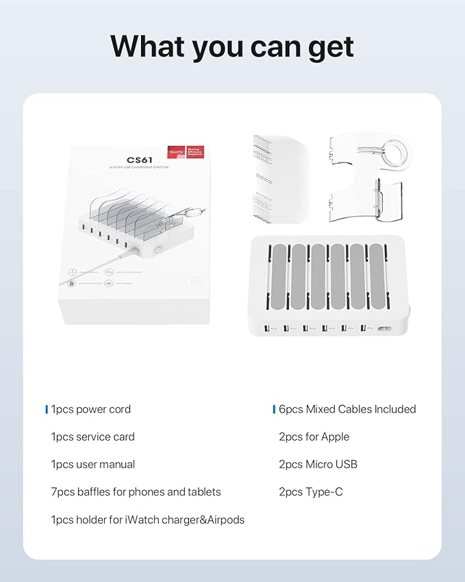 SooPii Premium 6-Port USB Charging Station Organizer for Multiple Devices, 6 Short Charging Cables and One Upgraded i-Watch Charger Holder Included, for Phones, Tablets, and Other Electronics, White