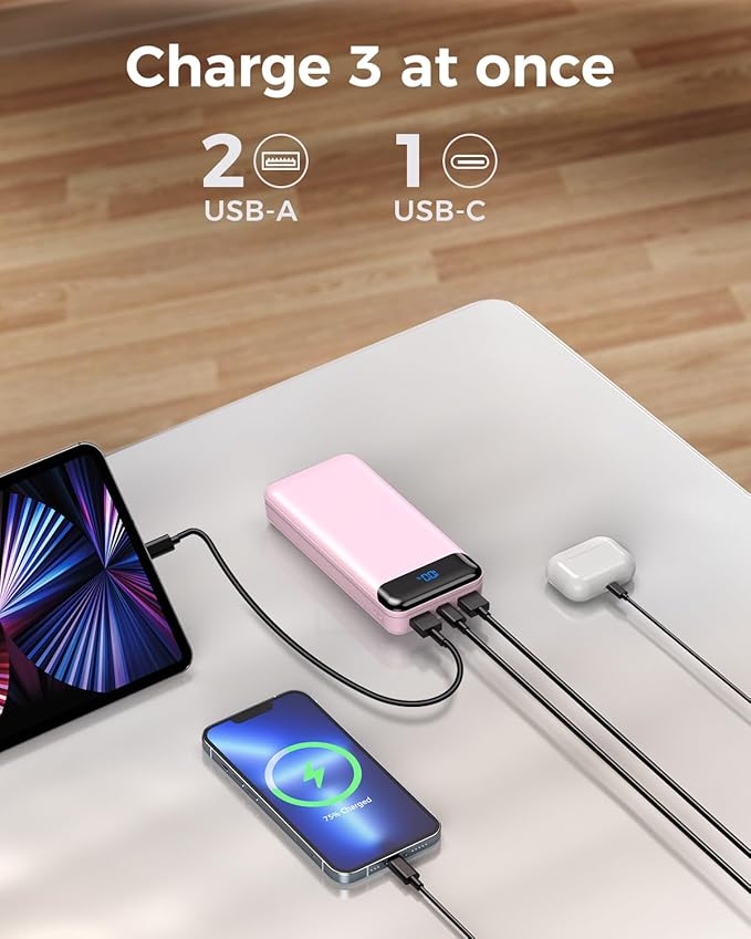 Portable Charger Power Bank 40000mAh Powerbank PD 30W and QC 4.0 Fast Charging External Battery Pack with USB-C LED 3 Outputs & 2 Inputs Portable Charging for iPhone 15 14 13 (Pink)