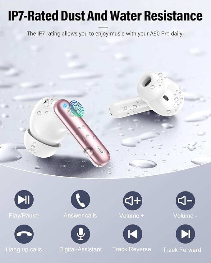 Wireless Earbuds, Bluetooth 5.4 Headphones Bass Stereo, Ear Buds with Noise Cancelling Mic, IP7 Waterproof in Ear Earphones, 36H LED Display Bluetooth Earbuds for Laptop Pad Phones Sports, Rose Gold