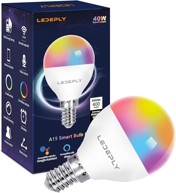 5W=40W, LED Smart Bulb, A15 Globe Shape, Compatible with Alexa, Google Home, E12, Dimmable, WiFi, Color Changing, Tunable White 2700K-6500K, G45 Ceiling Fan Light Bulbs, 1 Pack, No hub Required
