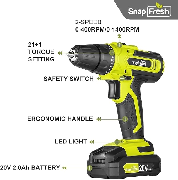 SnapFresh 20V Cordless Drill Set, 3/8" Power Drill with 2 Variable Speed, 21+1 Torque Setting, LED, 43pcs Drill Bits, Impact Driver Kit for Home,DIY-2.0Ah Battery & Fast Charger Included