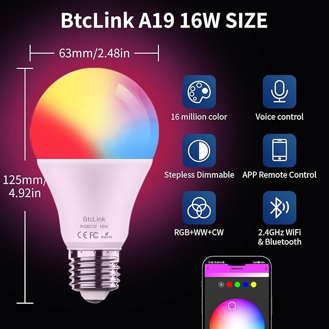 Smart LED Light Bulbs 150W Equivalent, 1600LM 16W Alexa Light Bulbs, A19 E26 Ultra Bright Color Changing Light Bulbs, 2.4 GHz WiFi Dimmable Light Bulbs Compatible with Alexa, Google 4 Packs(Upgrated)