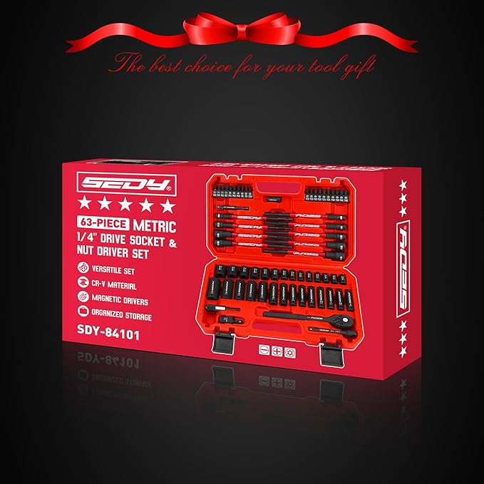 63-Piece Metric 1/4" Drive Socket Set & Nut Driver Set, Impact Standard & Deep Socket Set (4-15mm), 1/4" Hex Shank 6" Magnetic Nut Drivers, Extension Bar, Quick-Release Ratchet handle, Universal Joint